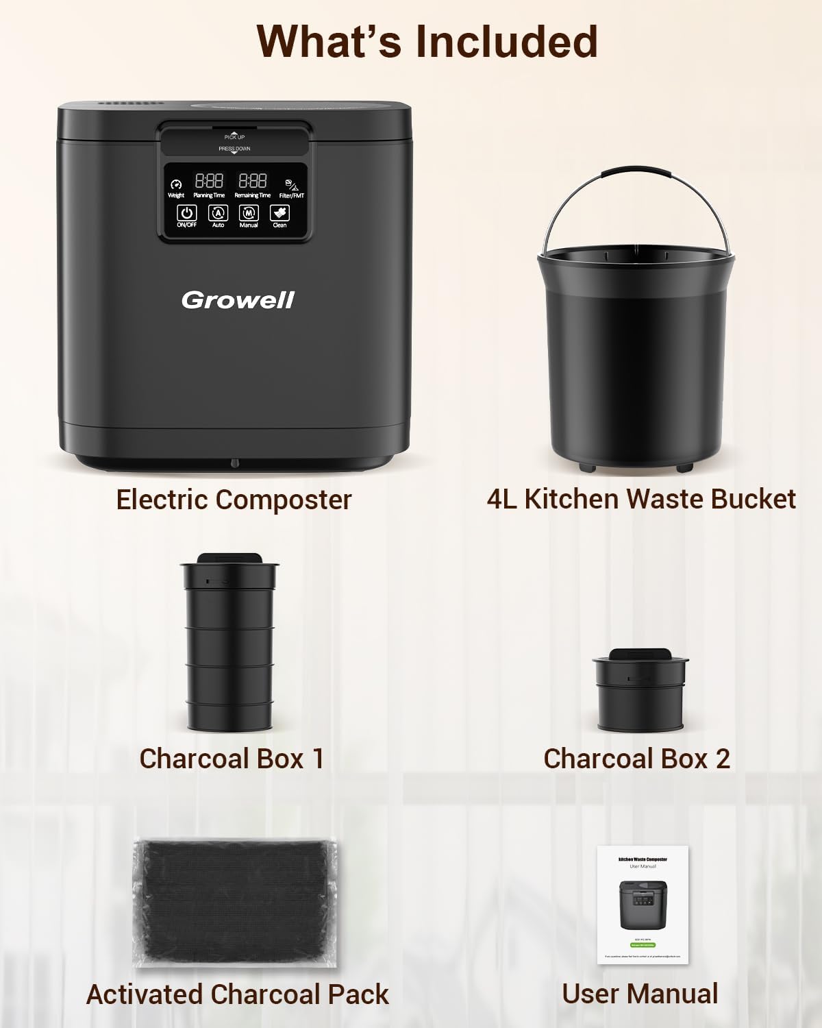 Electric Composter for Kitchen, 4L Indoor Odorless Compost Bin with 2 Carbon Filters, Upgraded Brushless Motor, Auto-Clean, LED Display, Visible Window, Smart Countertop Food Waste Composting Machine,GWEC01BKB