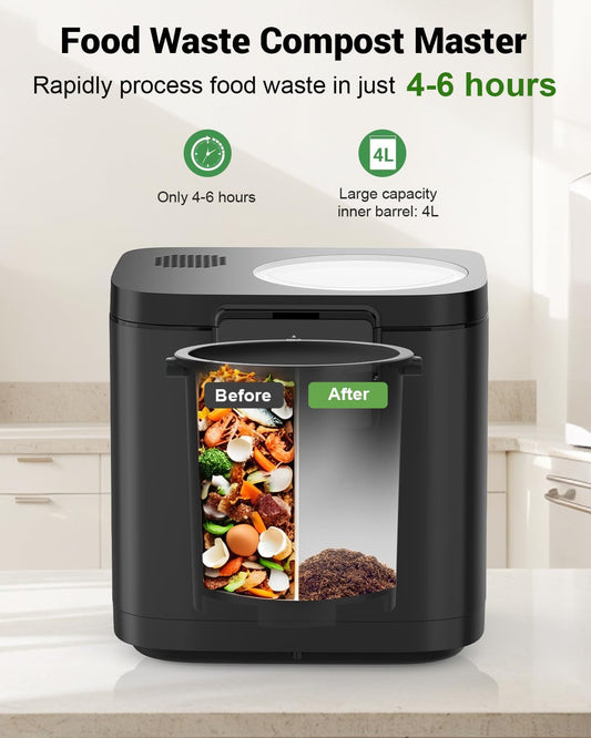 4L Electric Composter for Kitchen, Smart Odorless Compost Bin with 2 Carbon Filters