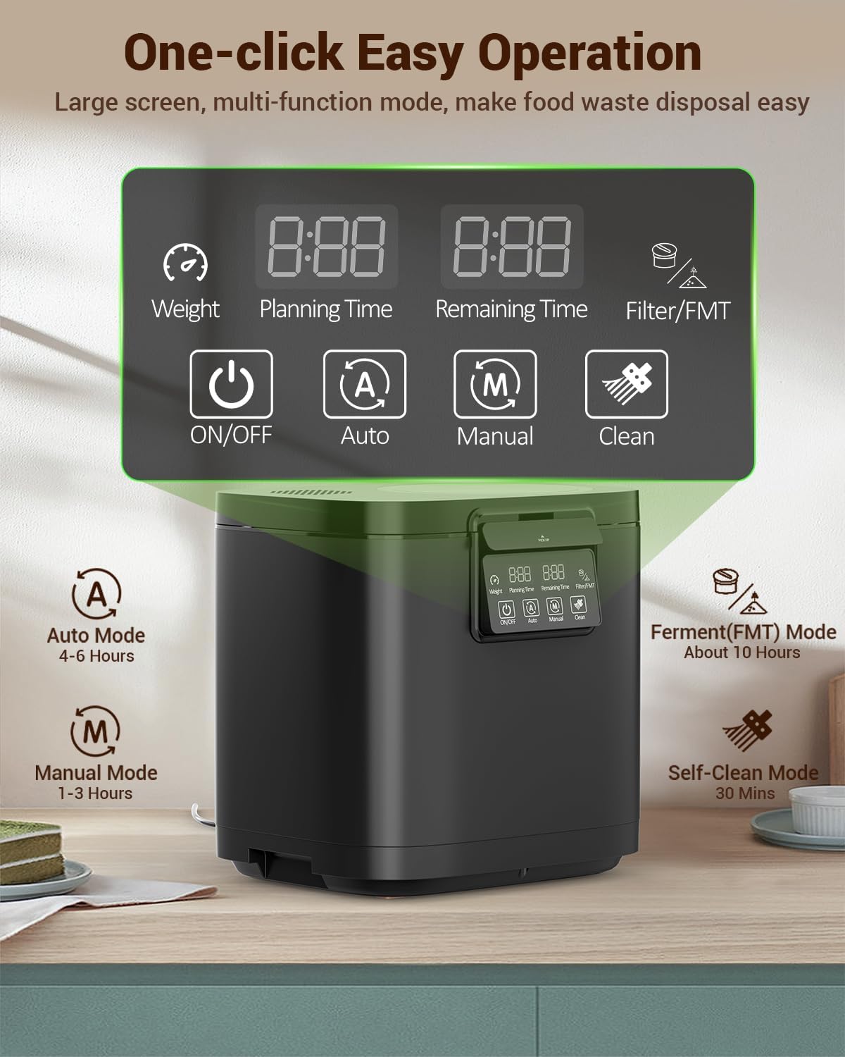 4L Electric Composter for Kitchen, Smart Odorless Compost Bin with 2 Carbon Filters