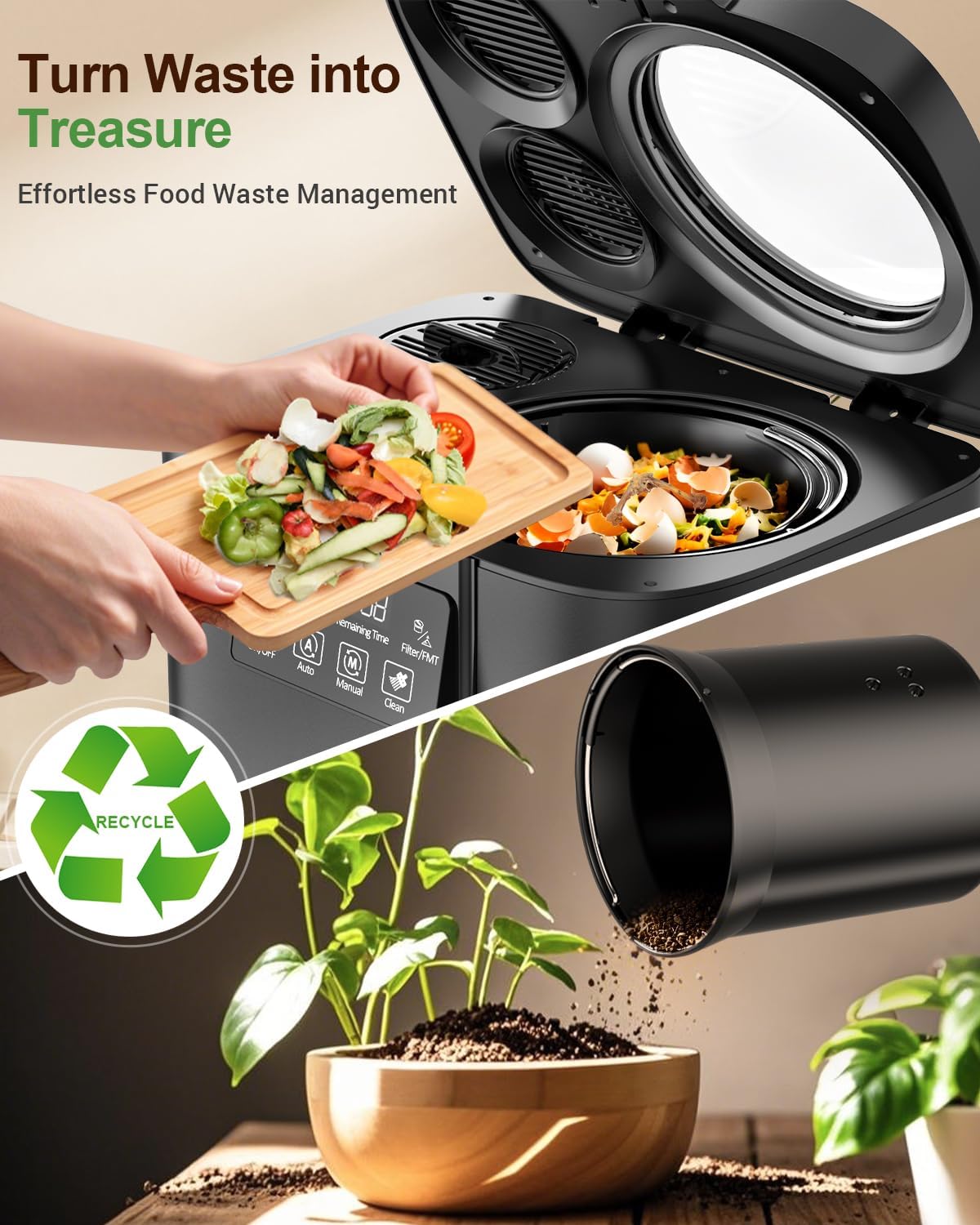 4L Electric Composter for Kitchen, Smart Odorless Compost Bin with 2 Carbon Filters