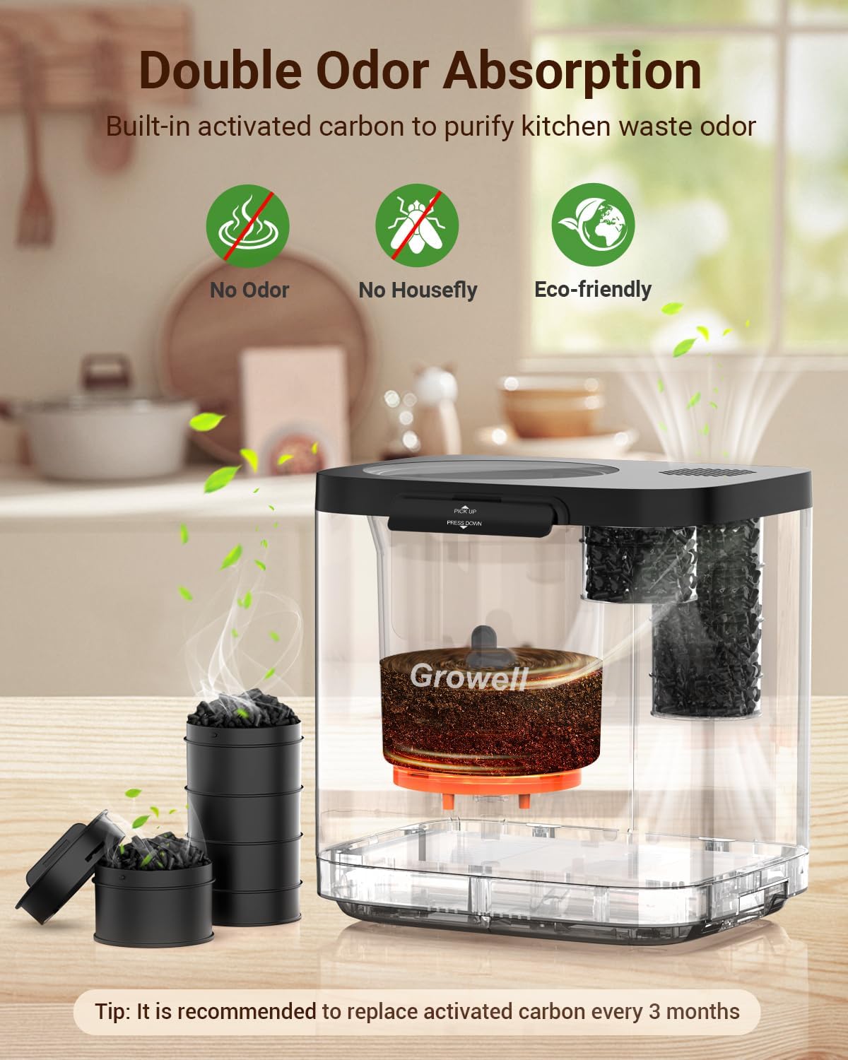 4L Electric Composter for Kitchen, Smart Odorless Compost Bin with 2 Carbon Filters