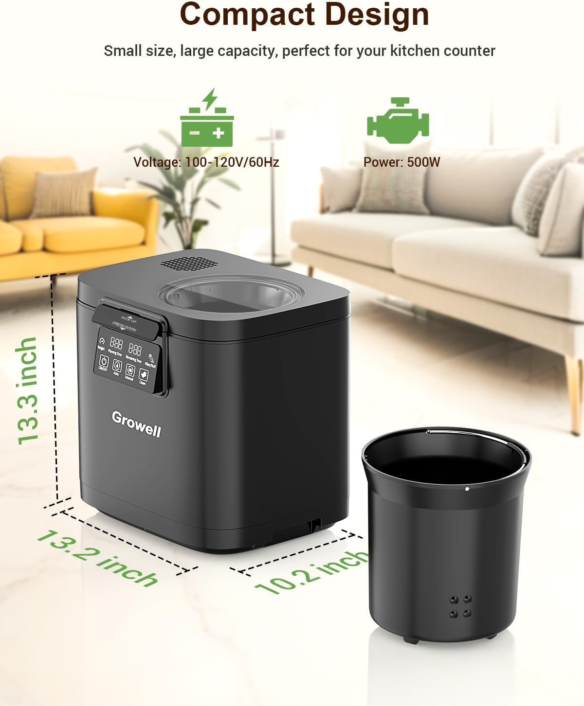 4L Electric Composter for Kitchen, Smart Odorless Compost Bin with 2 Carbon Filters