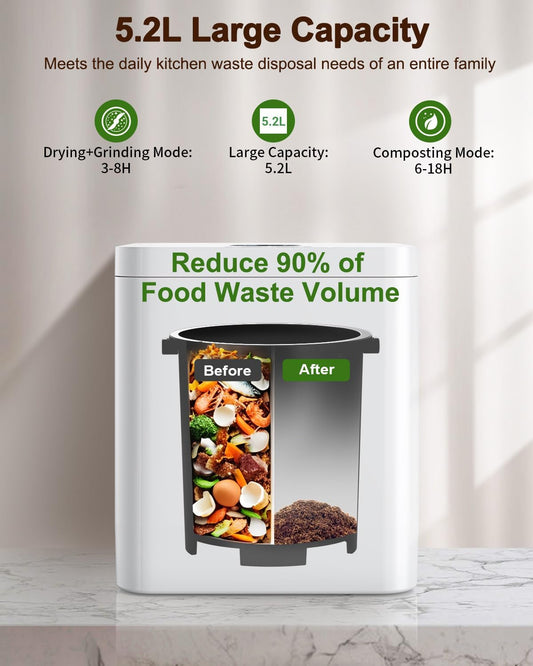 5.2L Large Electric Composter for Kitchen, Smart Odorless Compost Bin with 2-in-1 Activated Carbon Filter