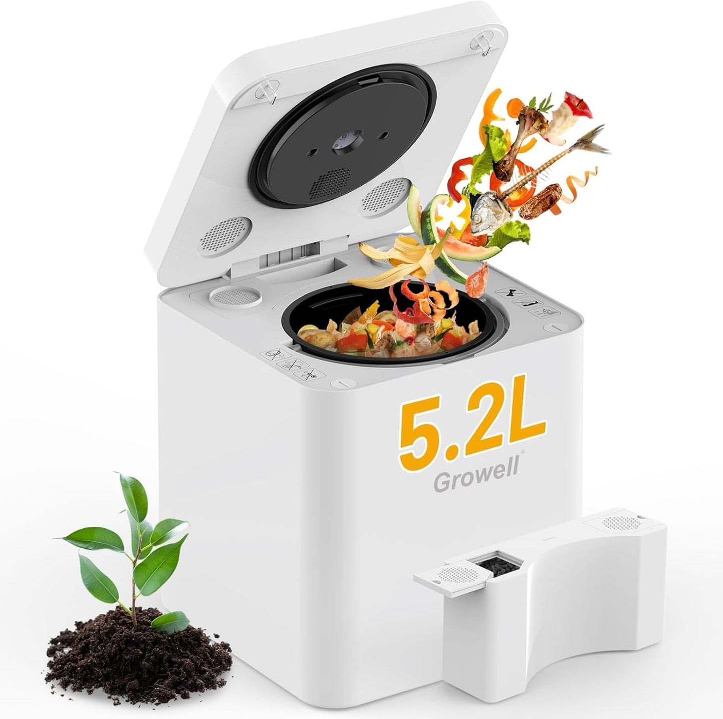 Electric Composter for Kitchen Indoor, 5.2L Large Countertop Compost Bin with 3-in-1 Drying/Grinding/Composting, Odorless Food Waste Compost Machine with Auto-Clean & Smart Sensor LED Display, EC03