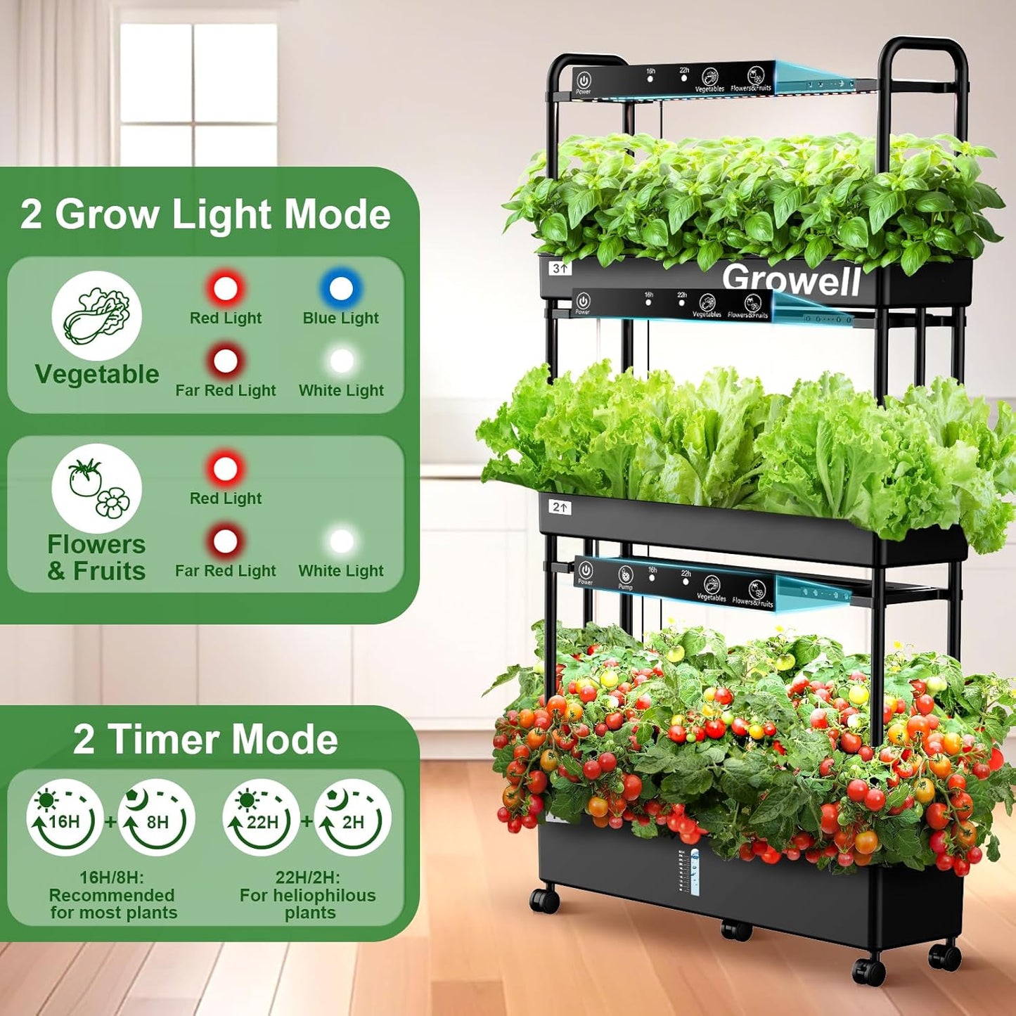 Growell Large Hydroponics Growing System Kit, 60 Pods Vertical Hydroponic Garden with 2 Light Modes Grow Light