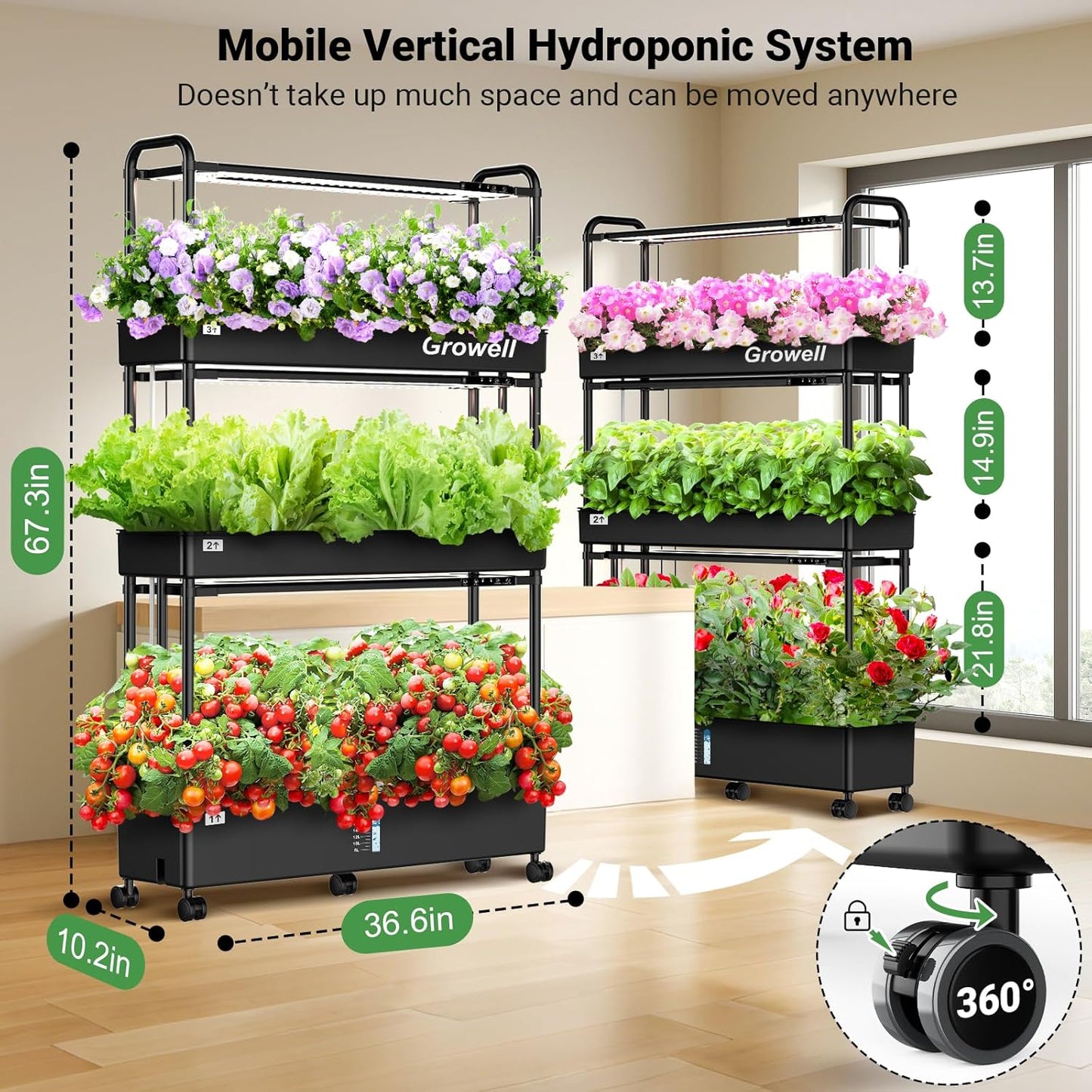 Growell Large Hydroponics Growing System Kit, 60 Pods Vertical Hydroponic Garden with 2 Light Modes Grow Light