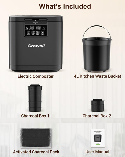 Electric Composter for Kitchen, 4L Indoor Odorless Compost Bin with 2 Carbon Filters, Upgraded Brushless Motor, Auto-Clean, LED Display, Visible Window, Smart Countertop Food Waste Composting Machine,GWEC01BKB