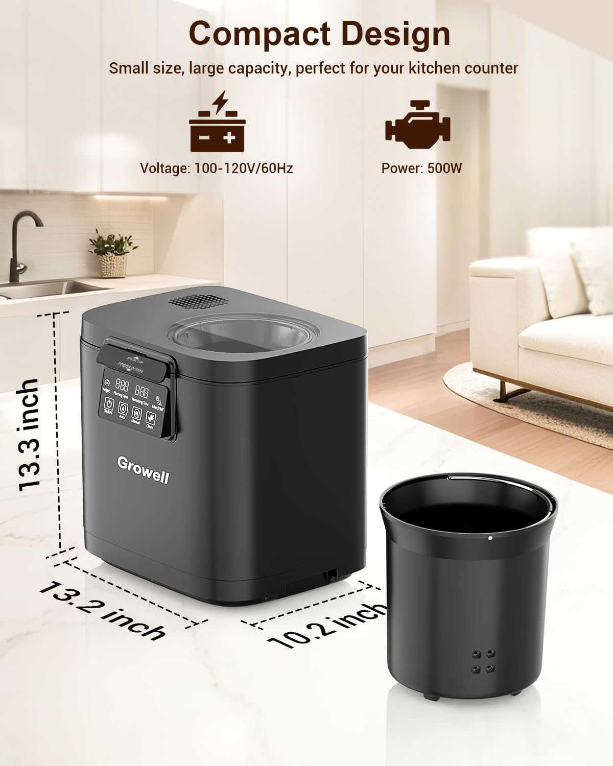 Electric Composter for Kitchen, 4L Indoor Odorless Compost Bin with 2 Carbon Filters, Upgraded Brushless Motor, Auto-Clean, LED Display, Visible Window, Smart Countertop Food Waste Composting Machine,GWEC01BKB