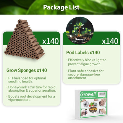 Growell 120Pcs Hydroponic Pods Kit, 60 Grow Sponges with 60 Pod Labels, Hydroponics Supplies, Grower Pods Refill Compatible with AeroGarden & Most Growing System, Seed Starter Pods for Indoor Garden,GWHS11ACCY1