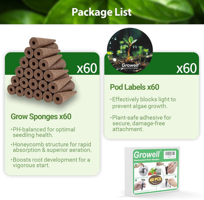 Growell 120Pcs Hydroponic Pods Kit, 60 Grow Sponges with 60 Pod Labels, Hydroponics Supplies, Grower Pods Refill Compatible with AeroGarden & Most Growing System, Seed Starter Pods for Indoor Garden,GWHS11ACCY1