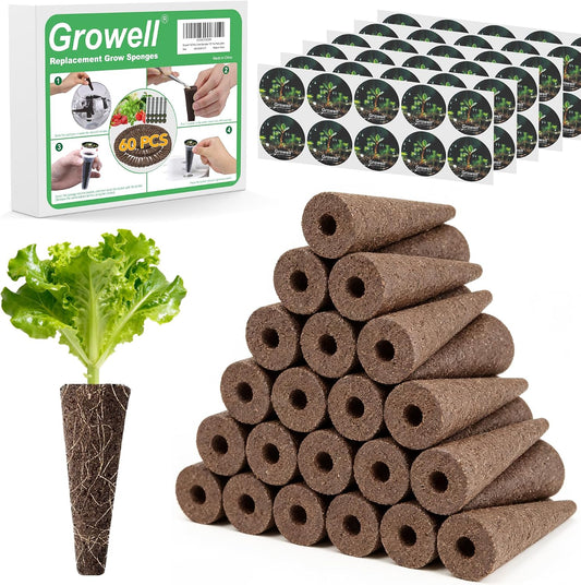 Growell 120Pcs Hydroponic Pods Kit, 60 Grow Sponges with 60 Pod Labels, Hydroponics Supplies, Grower Pods Refill Compatible with AeroGarden & Most Growing System, Seed Starter Pods for Indoor Garden,GWHS11ACCY1