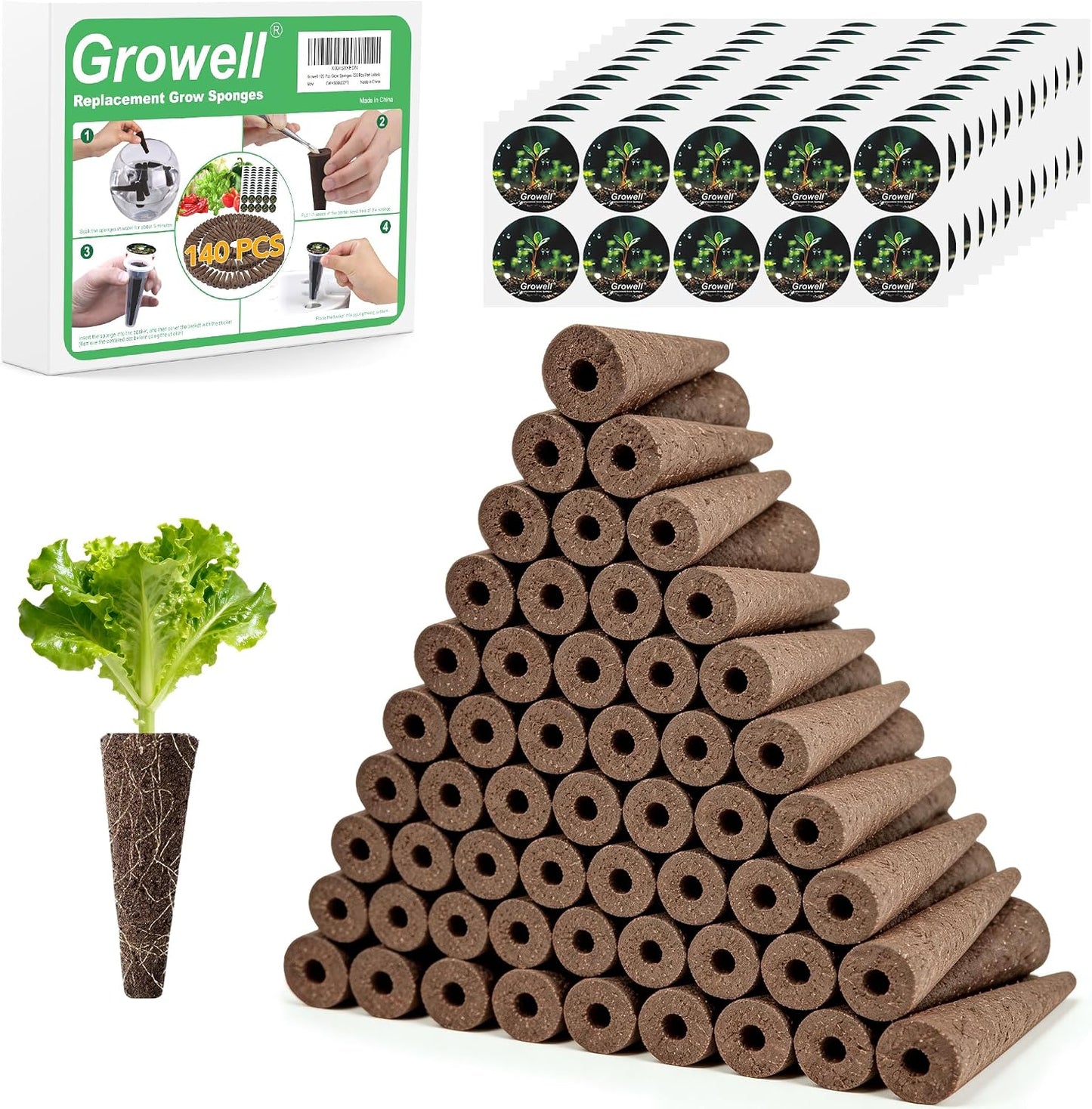 Growell 120Pcs Hydroponic Pods Kit, 60 Grow Sponges with 60 Pod Labels, Hydroponics Supplies, Grower Pods Refill Compatible with AeroGarden & Most Growing System, Seed Starter Pods for Indoor Garden,GWHS11ACCY1
