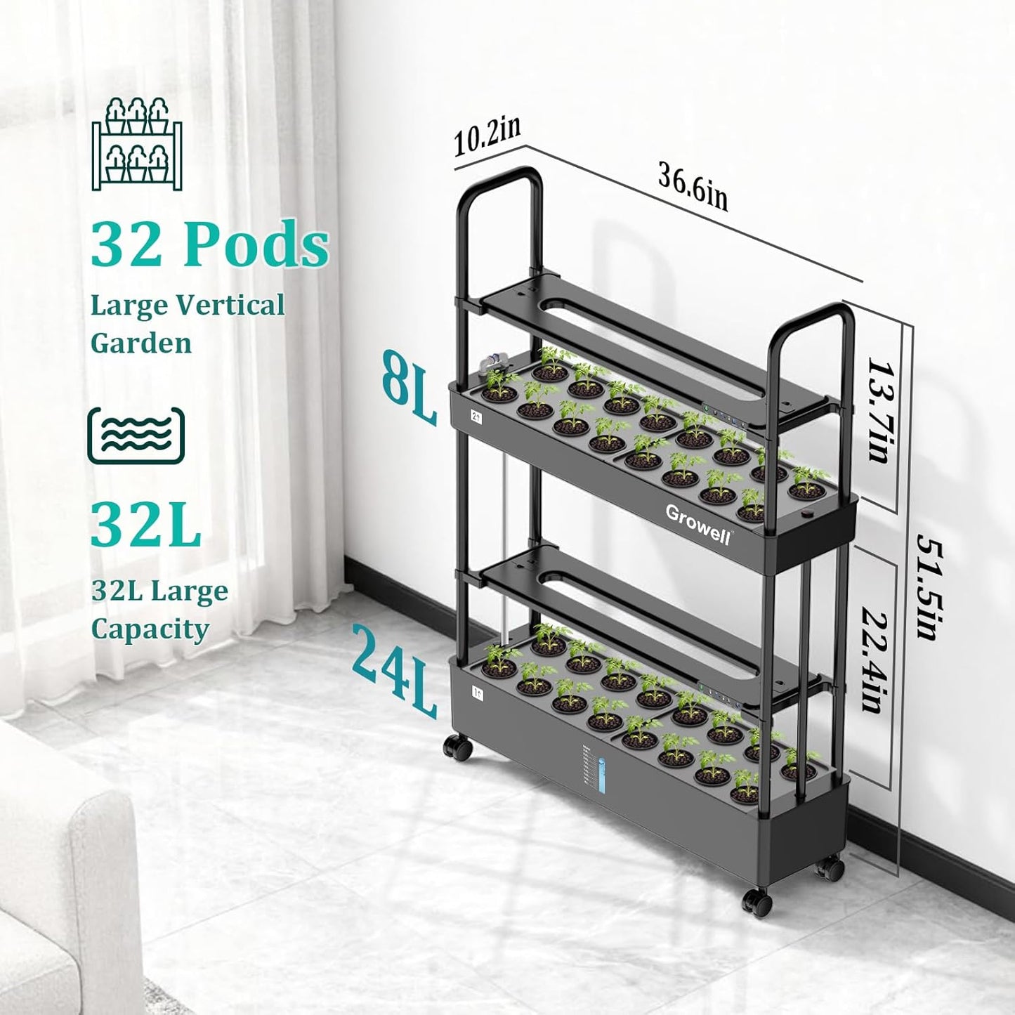 Large Basket Hydroponics Growing System Kit, 32 Pods Vertical Hydroponic Garden with 2 Grow Light Modes, Auto Circulating Water System, 32L Indoor Gardening System for Herb Vegetable Fruit