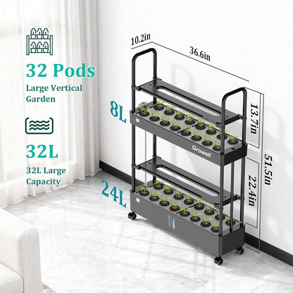 Large Basket Hydroponics Growing System Kit, 32 Pods Vertical Hydroponic Garden with 2 Grow Light Modes, Auto Circulating Water System, 32L Indoor Gardening System for Herb Vegetable Fruit