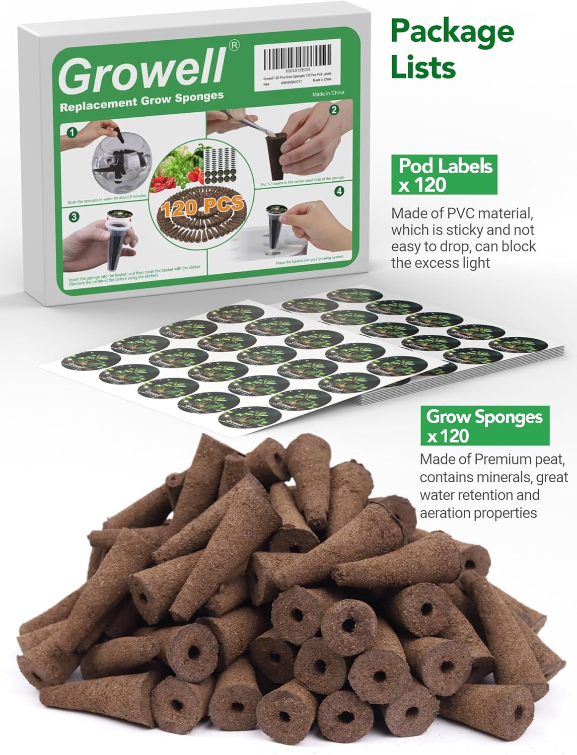 240 Pcs Hydroponic Pods Kit, 120 Pcs Grow Sponges with 120 Pcs Pod Labels Compatible with Aerogarden and Others Brand, Seed Pod Starter Kit for Hydroponics Growing System