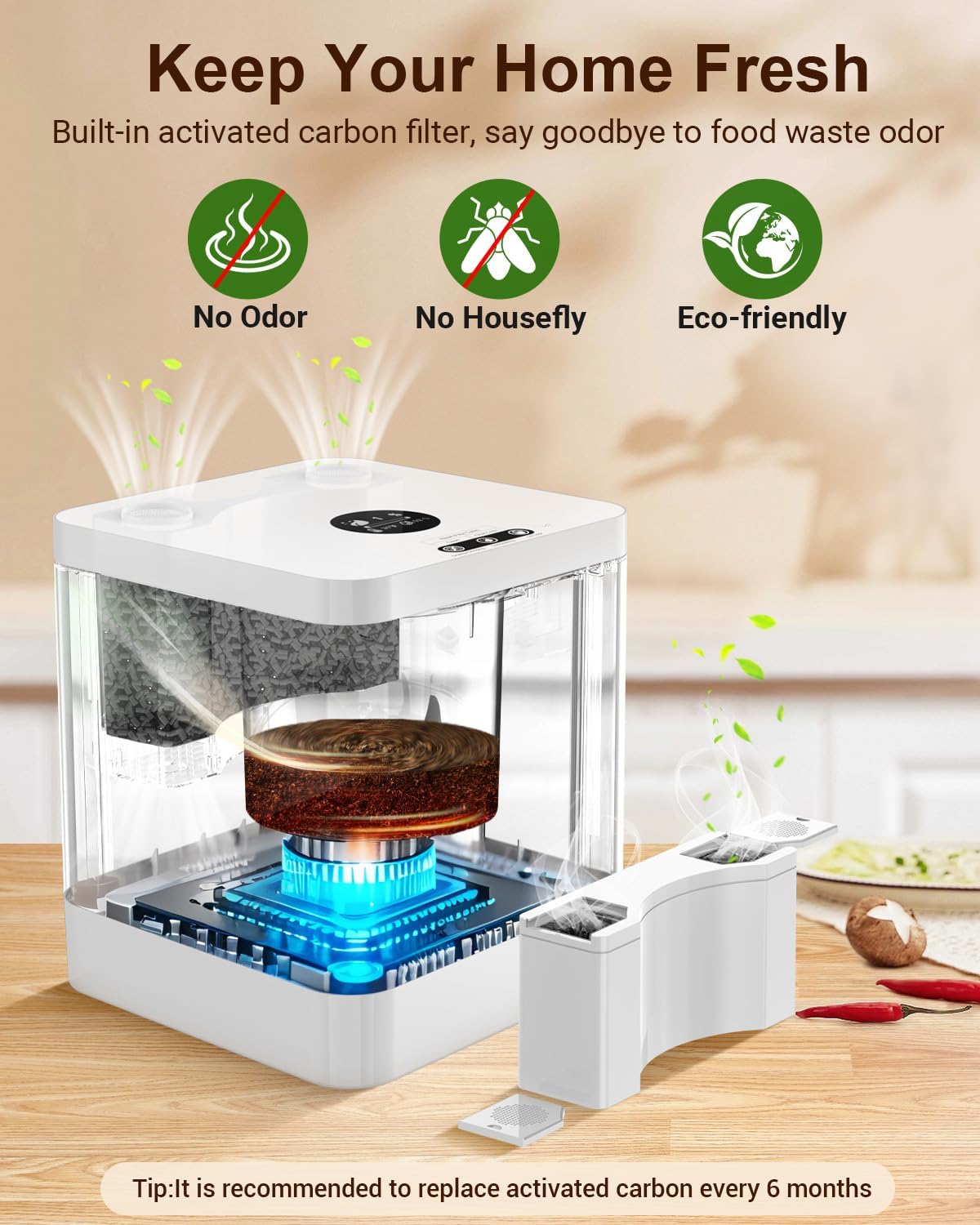 5.2L Large Electric Composter for Kitchen, Smart Odorless Compost Bin with 2-in-1 Activated Carbon Filter
