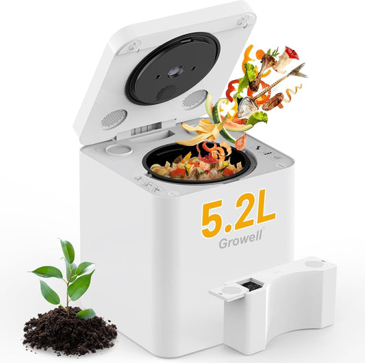 Electric Composter for Kitchen Indoor, 5.2L Large Countertop Compost Bin with 3-in-1 Drying/Grinding/Composting, Odorless Food Waste Compost Machine with Auto-Clean & Smart Sensor LED Display, EC03