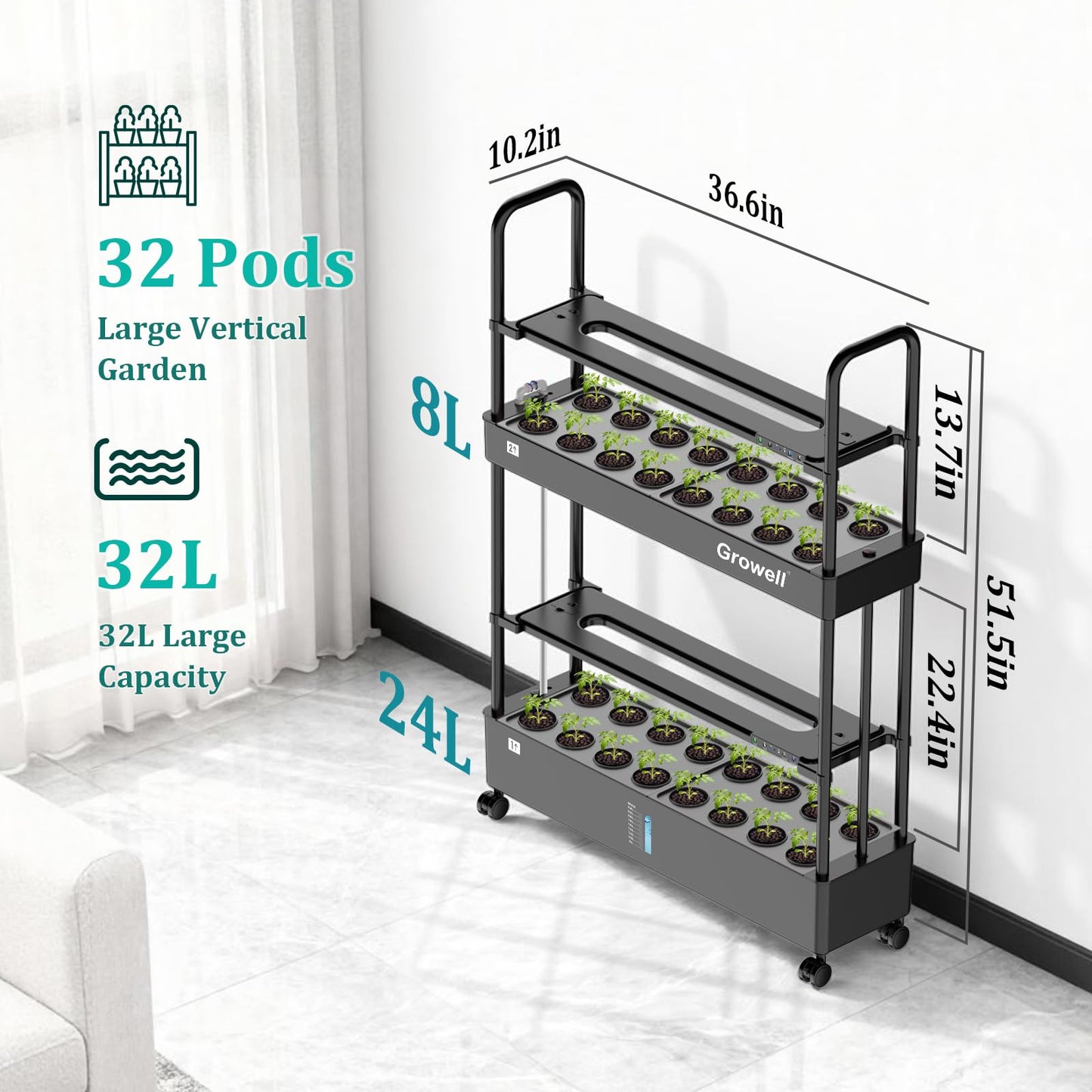 Large Basket Hydroponics Growing System Kit, 32 Pods Vertical Hydroponic Garden with 2 Grow Light Modes, Auto Circulating Water System, 32L Indoor Gardening System for Herb Vegetable Fruit