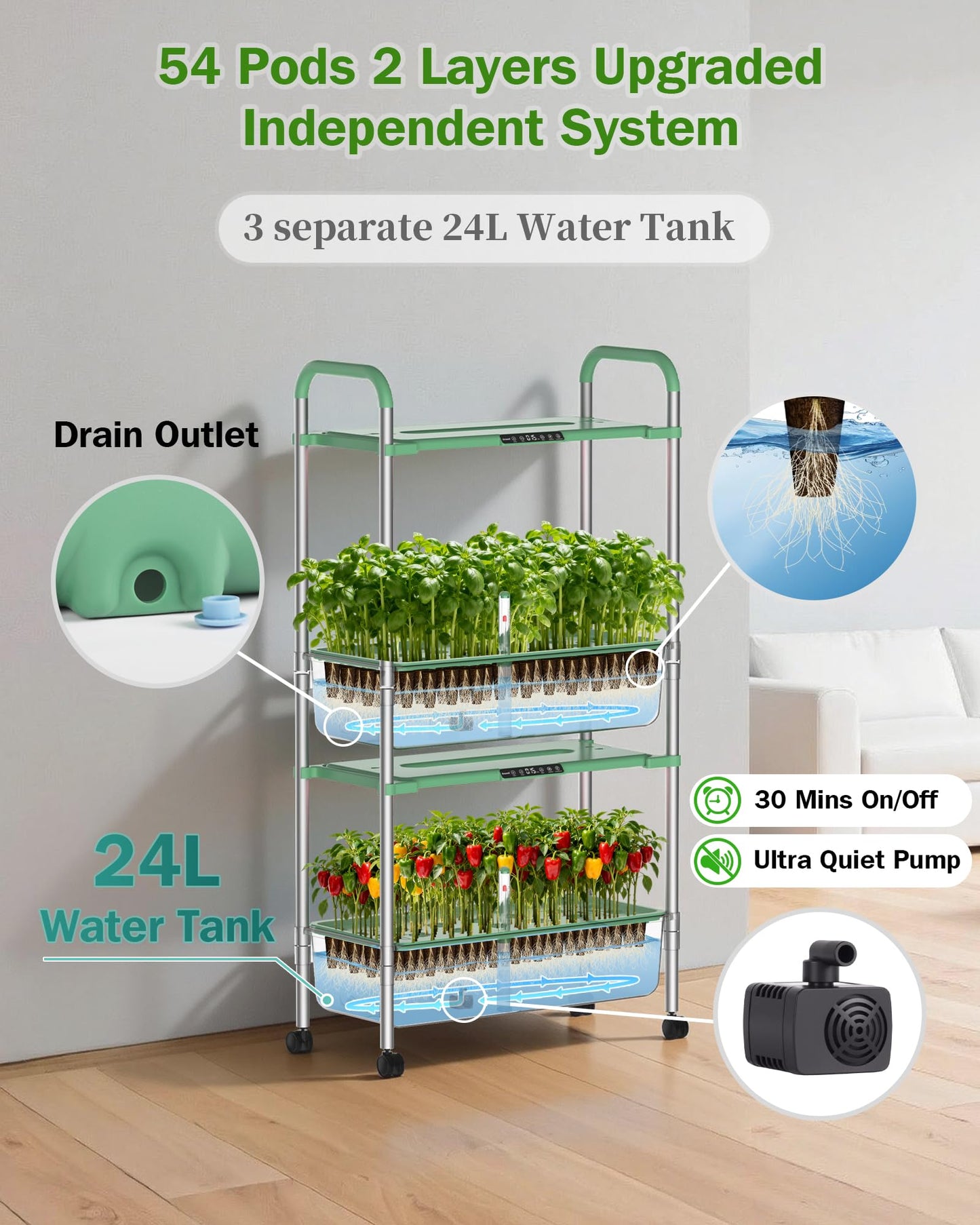 HS11 Hydroponics Growing System Kit, 54 Pods Vertical Indoor Herb Garden with Smart LED Grow Light, Auto Circulating Water Pump Each Tier, 28L Hydroponic Gardening Systems for Ideal Gifts