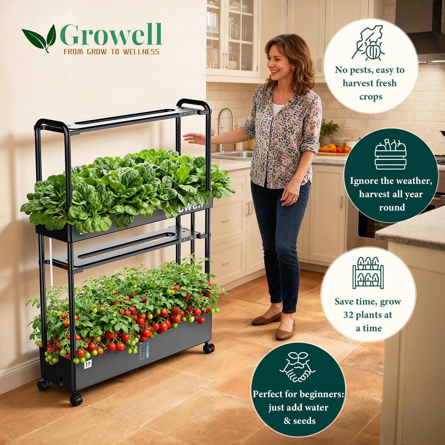 Large Basket Hydroponics Growing System Kit, 32 Pods Vertical Hydroponic Garden with 2 Grow Light Modes, Auto Circulating Water System, 32L Indoor Gardening System for Herb Vegetable Fruit