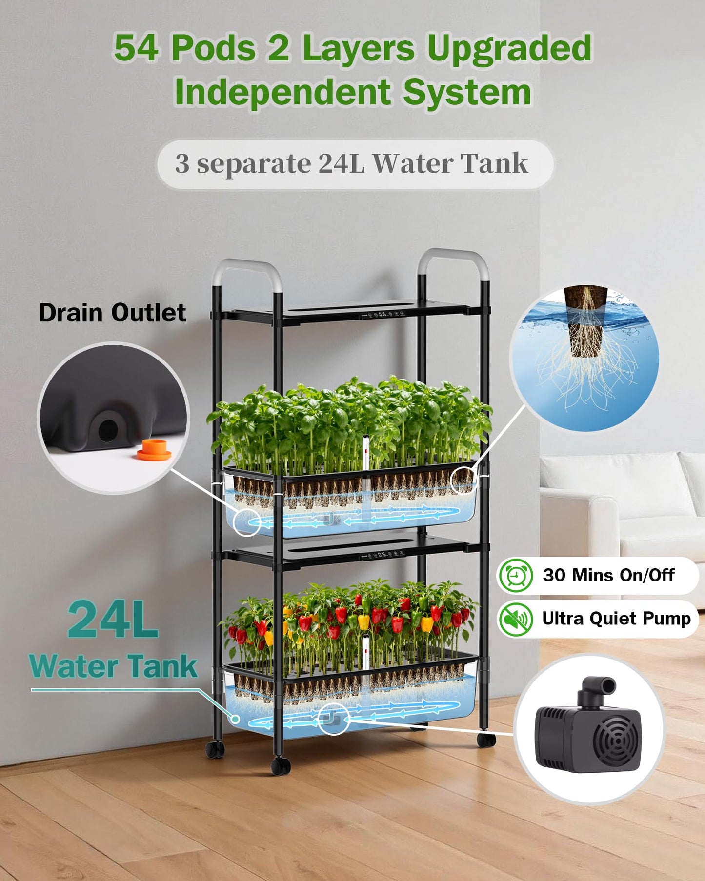 HS11 Hydroponics Growing System Kit, 54 Pods Vertical Indoor Herb Garden with Smart LED Grow Light, Auto Circulating Water Pump Each Tier, 28L Hydroponic Gardening Systems for Ideal Gifts
