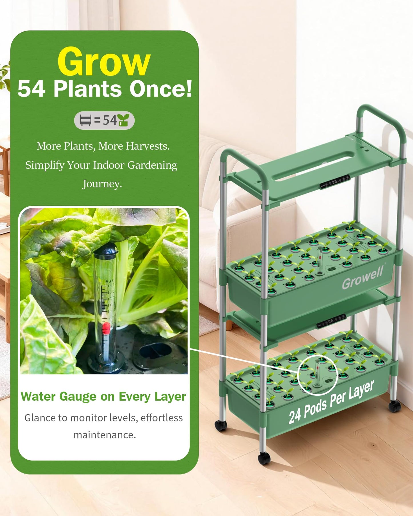 HS11 Hydroponics Growing System Kit, 54 Pods Vertical Indoor Herb Garden with Smart LED Grow Light, Auto Circulating Water Pump Each Tier, 28L Hydroponic Gardening Systems for Ideal Gifts