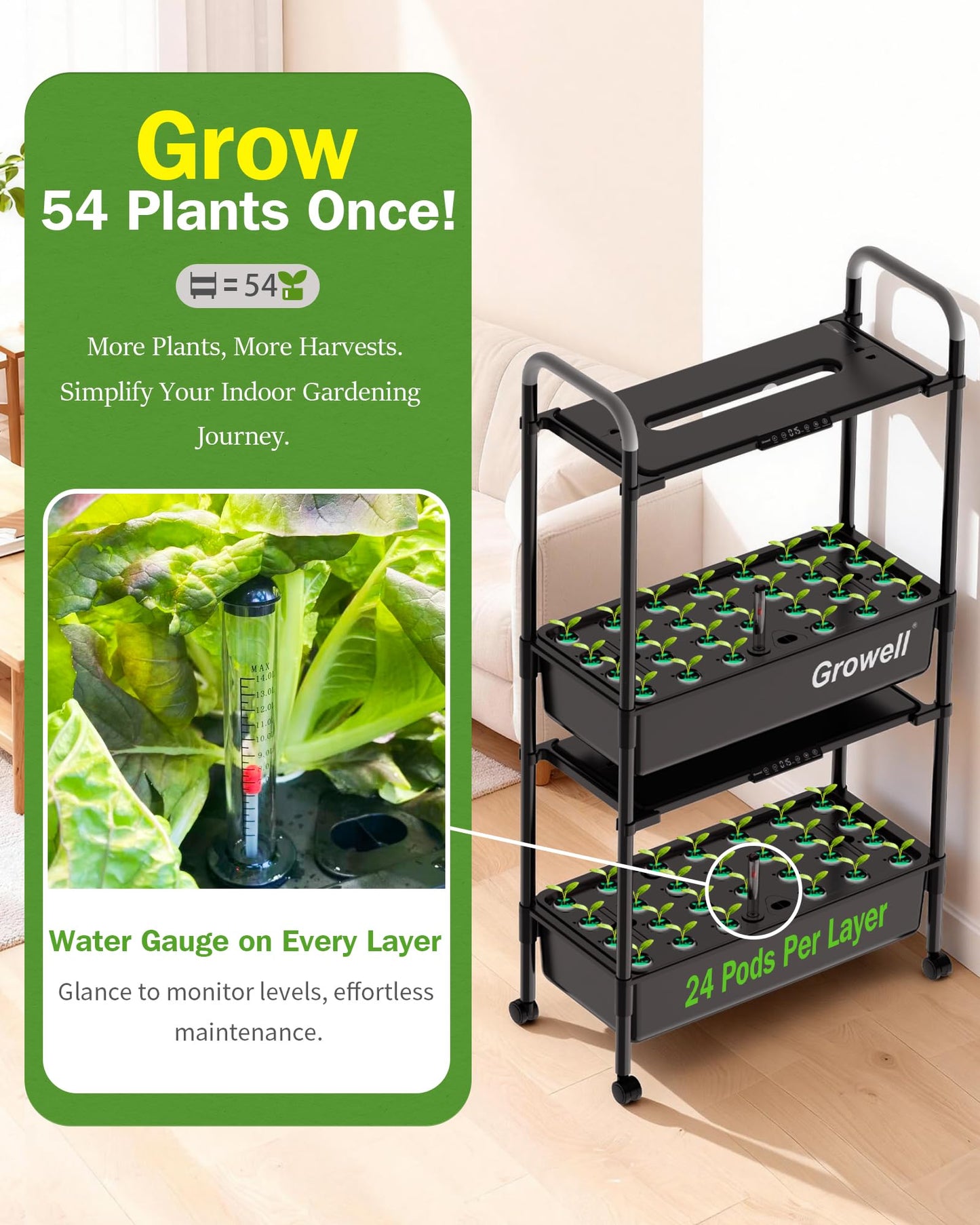 HS11 Hydroponics Growing System Kit, 54 Pods Vertical Indoor Herb Garden with Smart LED Grow Light, Auto Circulating Water Pump Each Tier, 28L Hydroponic Gardening Systems for Ideal Gifts