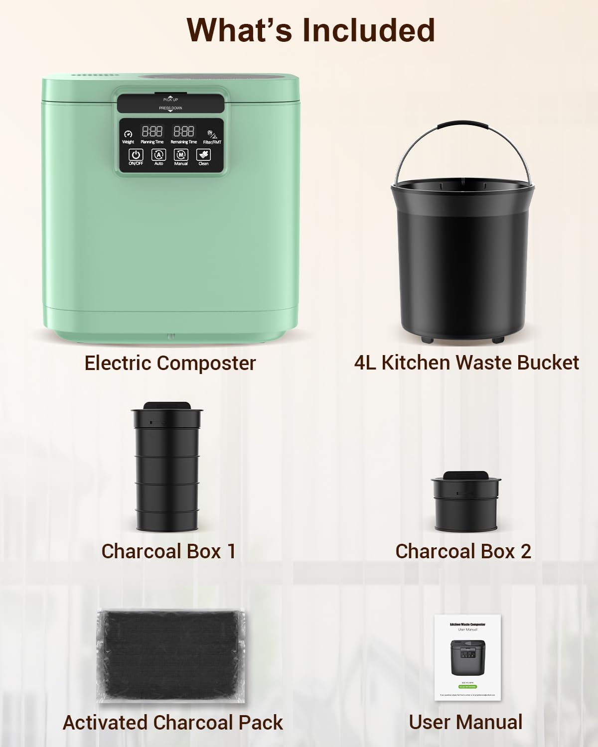 4L Electric Composter for Kitchen, Smart Countertop Compost Bin with Visible Window,Odorless & Low Noise, Auto-Cleaning,Turn Food Waste into Fertilizer, Food Waste Compost Indoor Machine, EC01