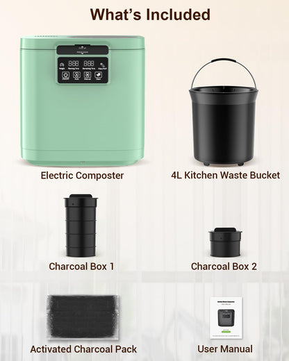 4L Electric Composter for Kitchen, Smart Countertop Compost Bin with Visible Window,Odorless & Low Noise, Auto-Cleaning,Turn Food Waste into Fertilizer, Food Waste Compost Indoor Machine, EC01